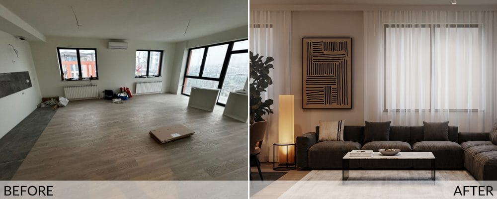 Minimalist living room before and after design by Decorilla