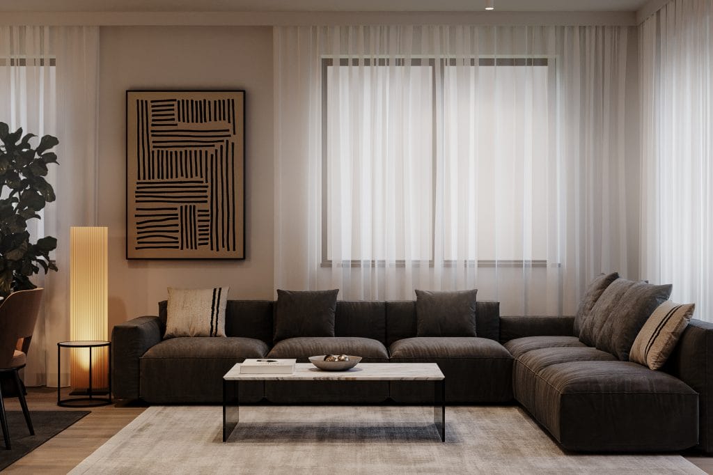 Minimalist living room design with clean lines and a neutral palette by Decorilla