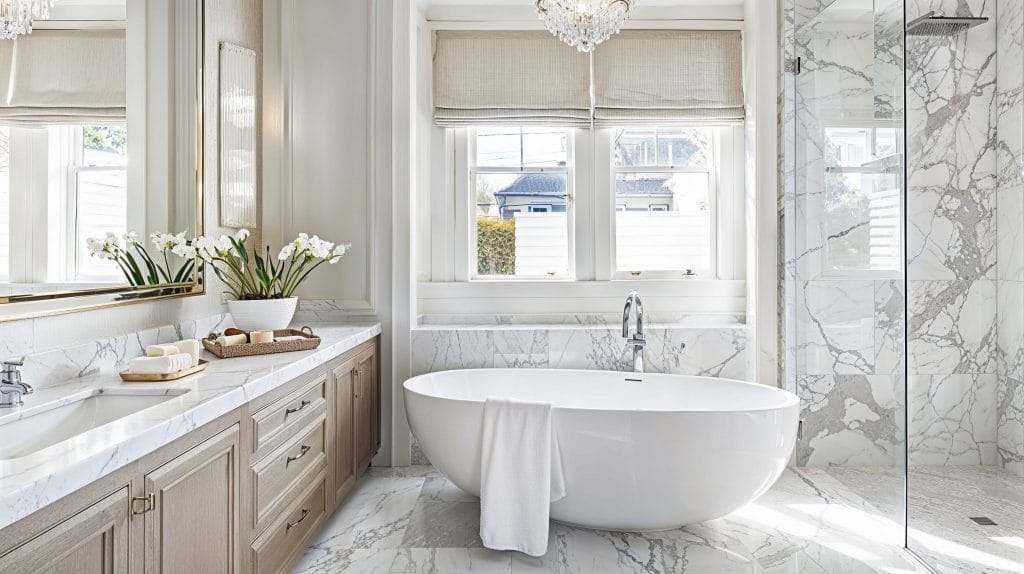 Modern crisp white master bathroom trends 2025 by DECORILLA