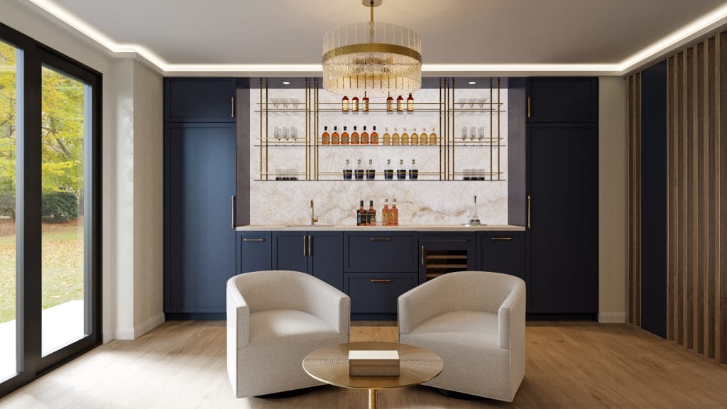 Modern luxurious wet bar in a lounge room by Decorilla