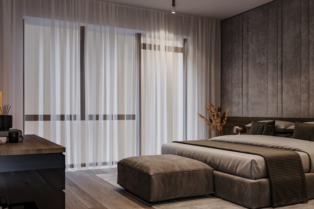 Modern minimalist bedroom with streamlined furniture and muted tones by Decorilla