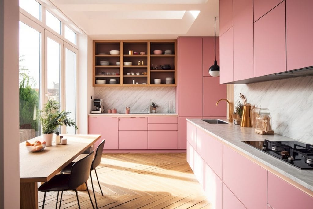 Modern pastel pink kitchen paint colors 2025 by DECORILLA