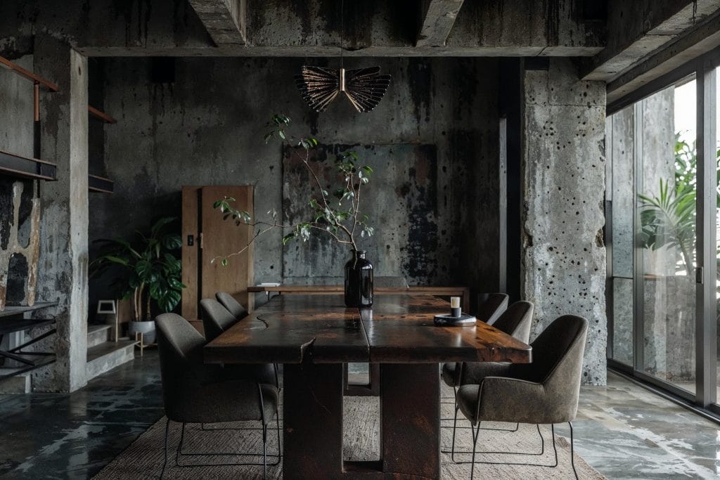 Moody brutalist dining room by Decorilla