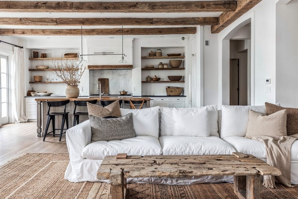 Scandi rustic white living room design by Decorilla