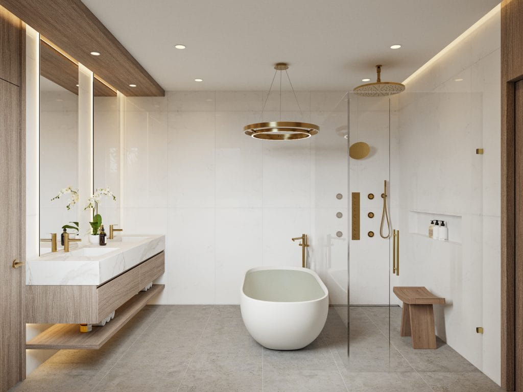 Serene luxurious bathroom with natural flair by Decorilla