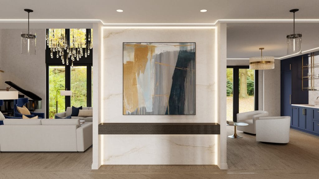 Timeless luxurious hallway design with an art niche, by Decorilla