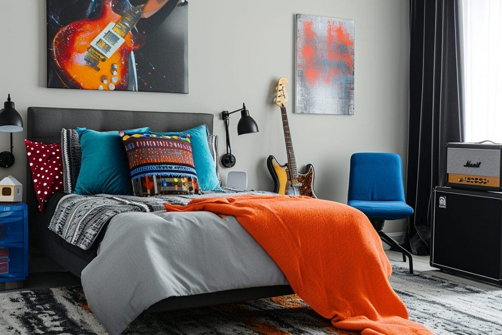 A cool dorm room set up with modern dorm furniture ideas and sleek storage solutions by Decorilla