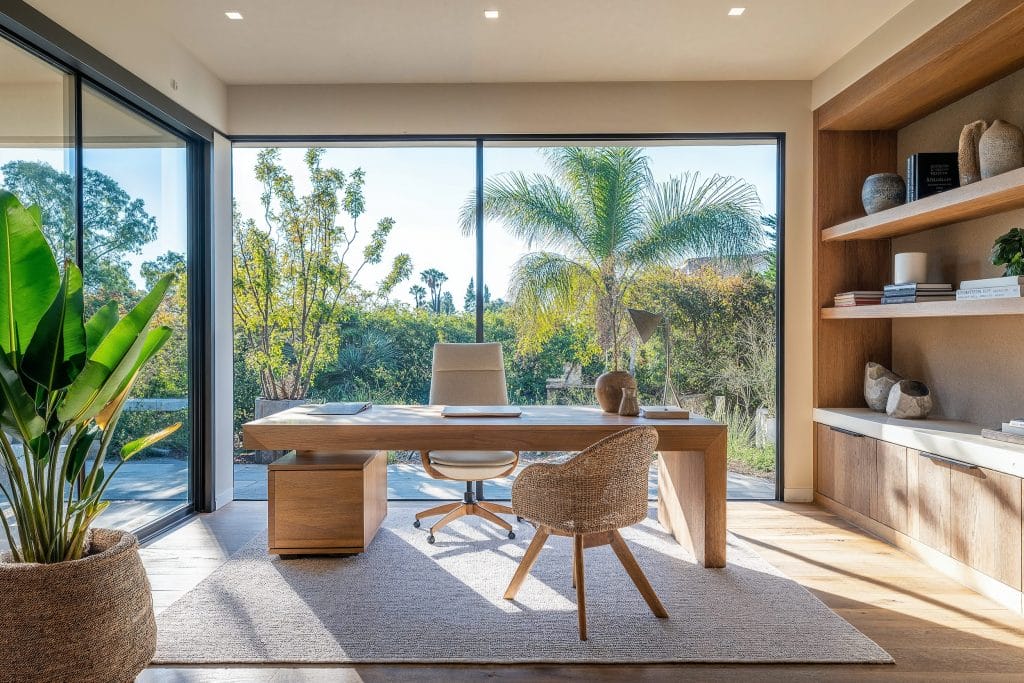 A serene workspace featuring biophilic design elements, perfect for 2025 home office trends by Decorilla