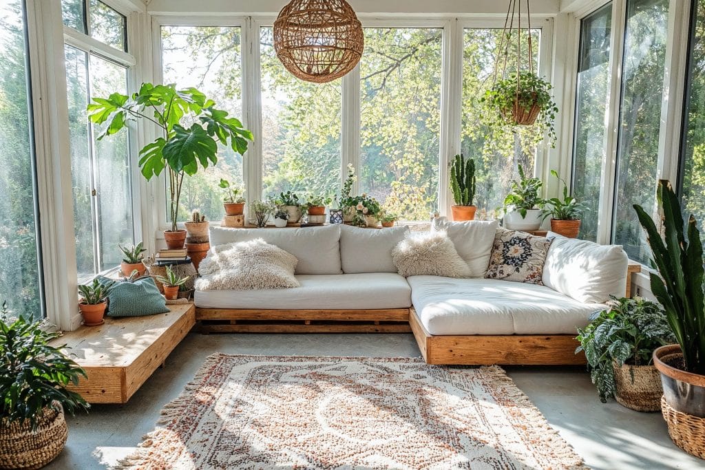 Bohemian-inspired sunroom interior design with an array of plants and a cozy nook by Decorilla