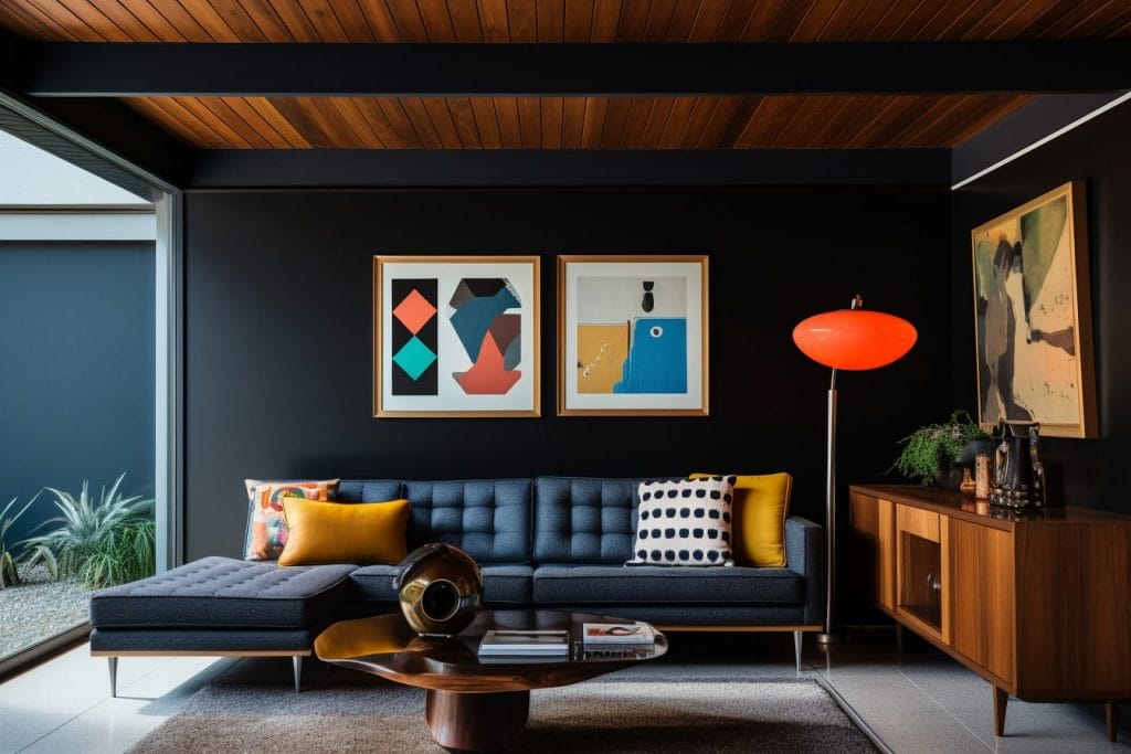 Bold black paint living room by Decorilla