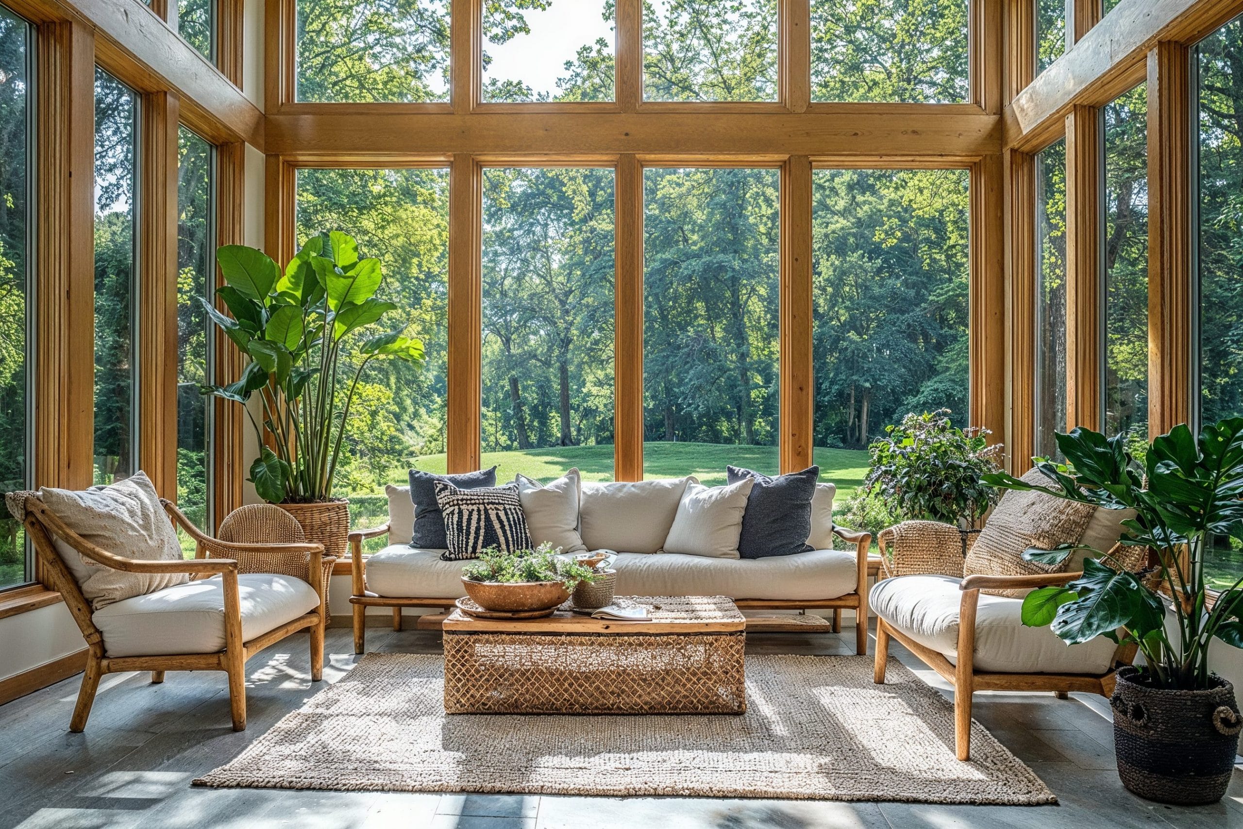 Bright and airy sunroom interior design in a open space by Decorilla