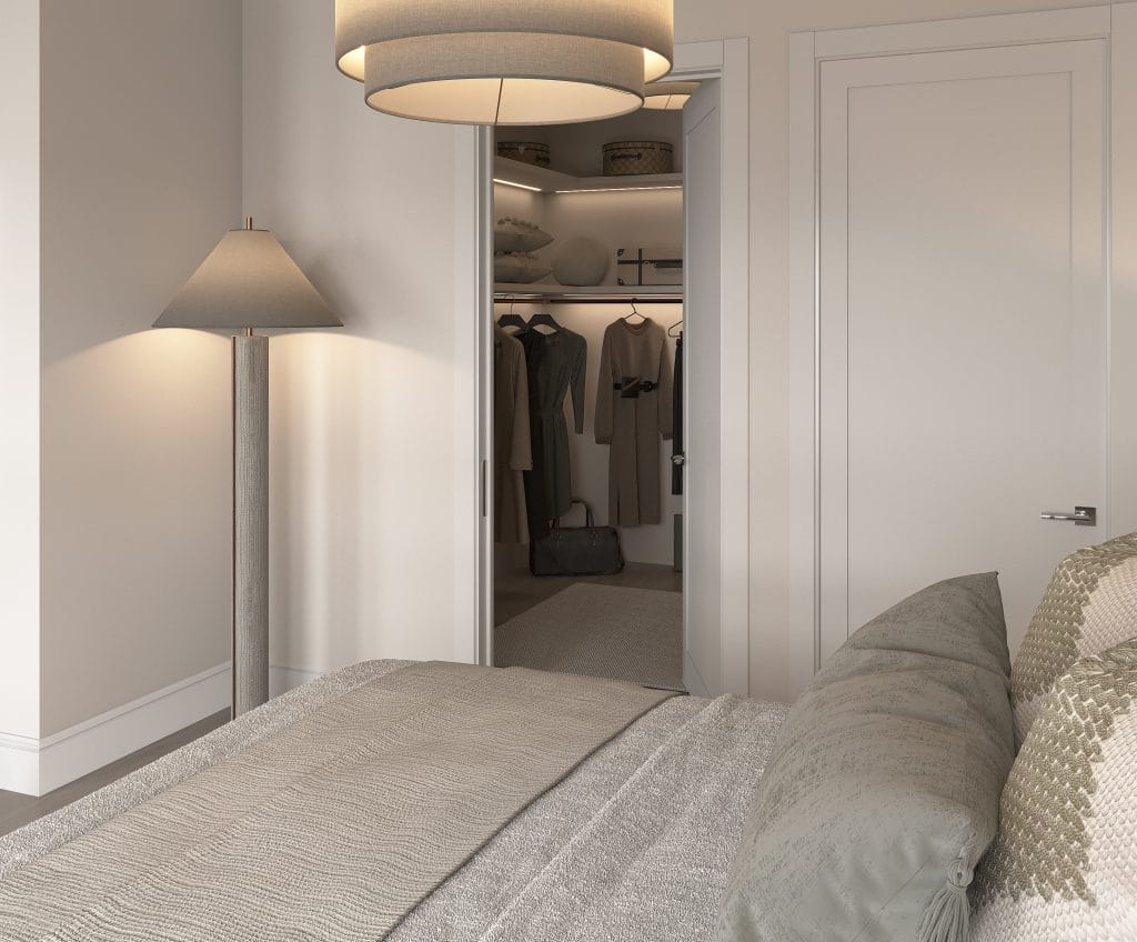 Closet entrance in a modern neutral bedroom by Decorilla