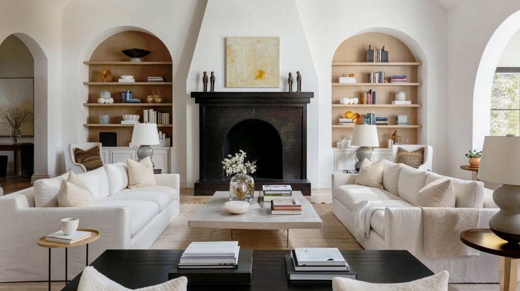 Contemporary crisp white living room by DECORILLA