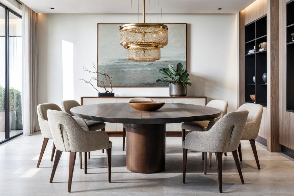 Contemporary dining room with gold statement lighting trends 2025 by Decorilla