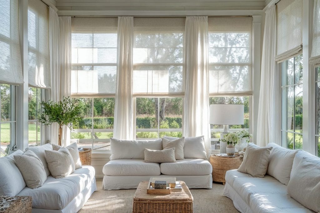 Cozy lounging area in a sunroom interior with plush cushions and soft textiles by Decorilla