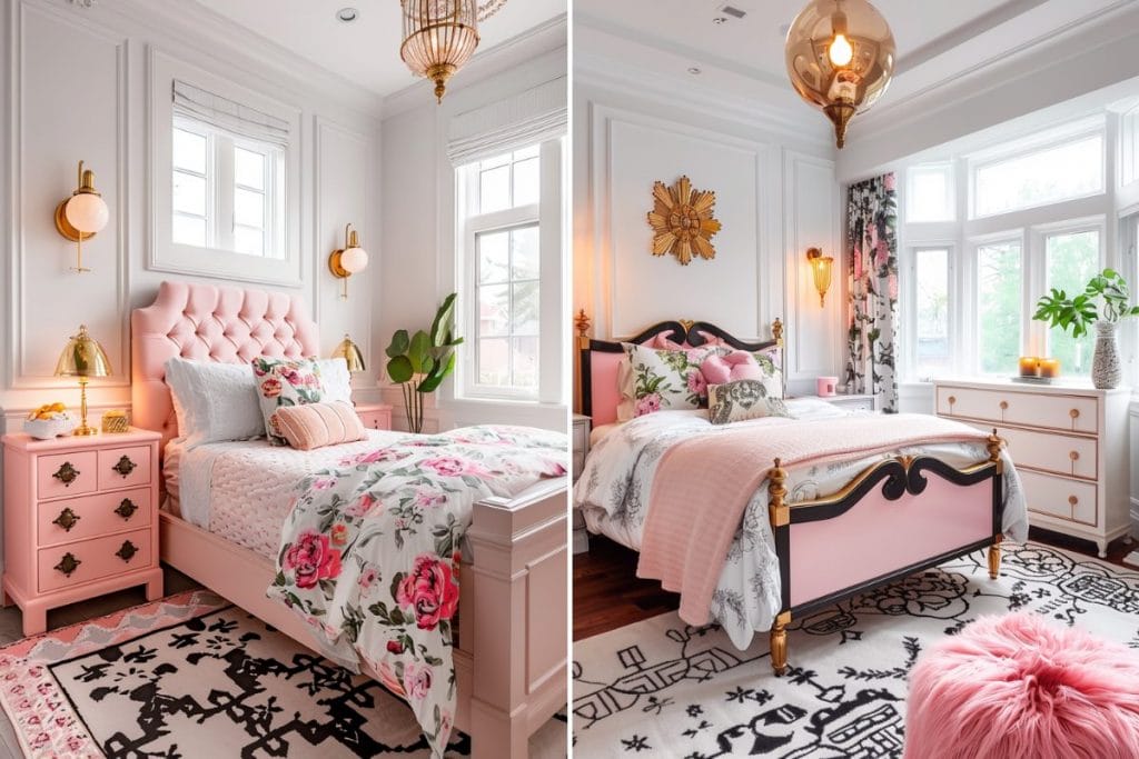 Cute dorm bedding ideas featuring floral patterns and pastel colors for a feminine touch in dorm room design by Decorilla