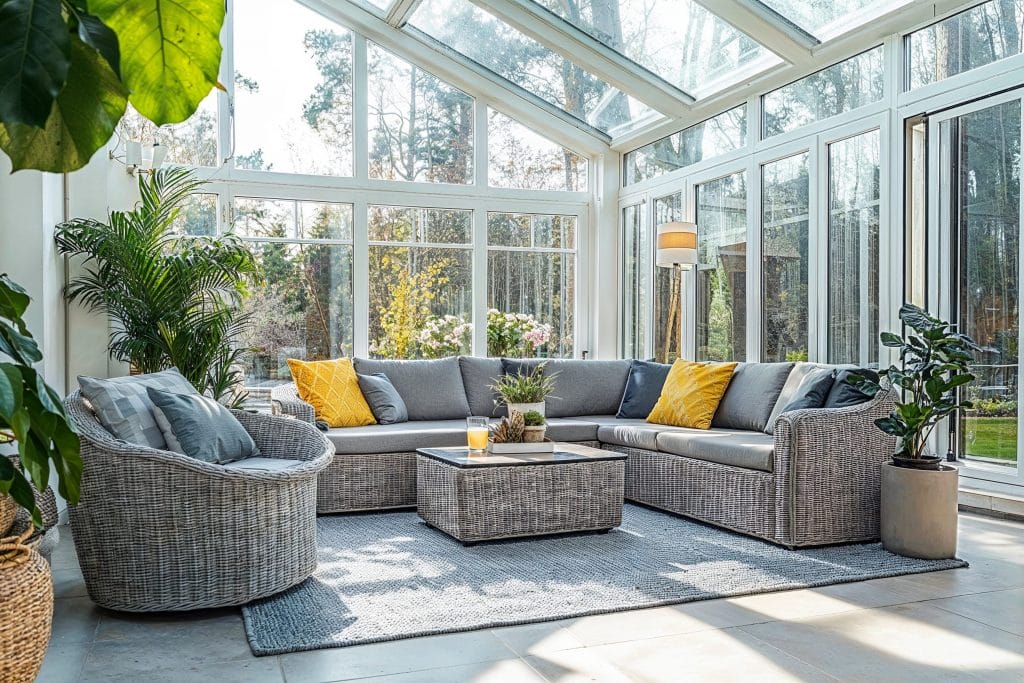 Elegant wicker furniture and vibrant plants define relaxing sunroom interior ideas by Decorilla