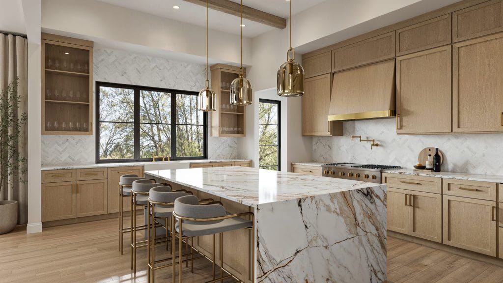 Gorgeous marble waterfall countertops in an elegant kitchen by Decorilla