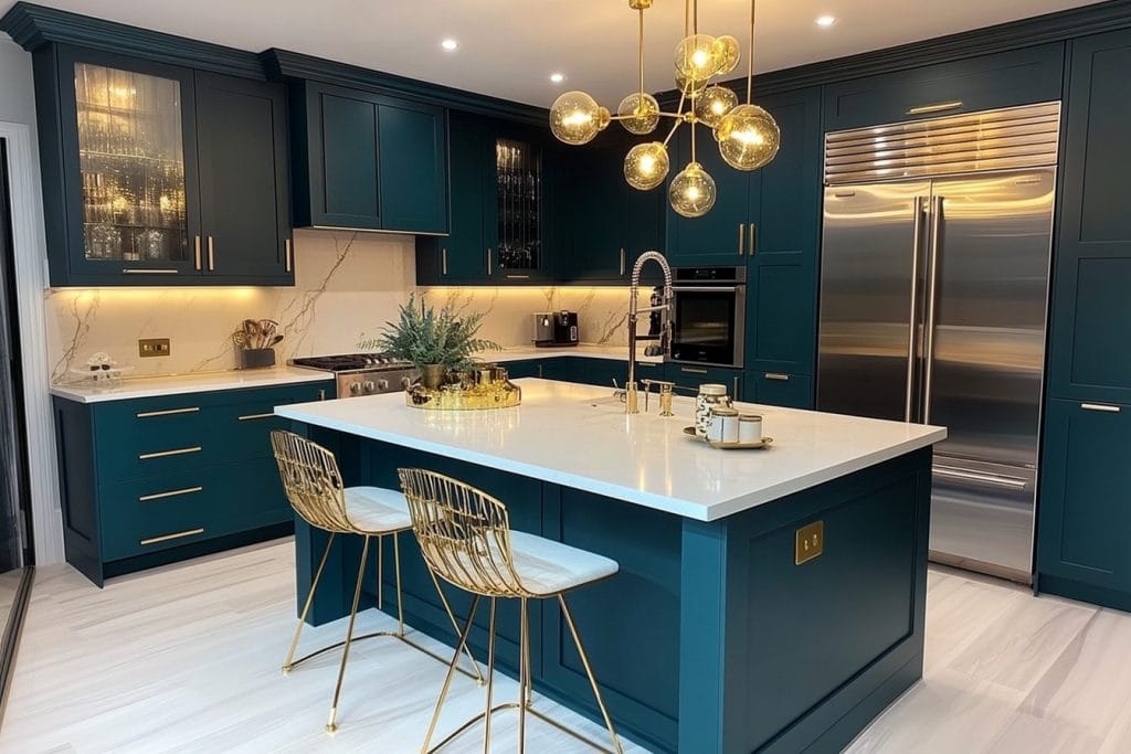 Jewel tone kitchen with ribbed class cabinets by Decorilla