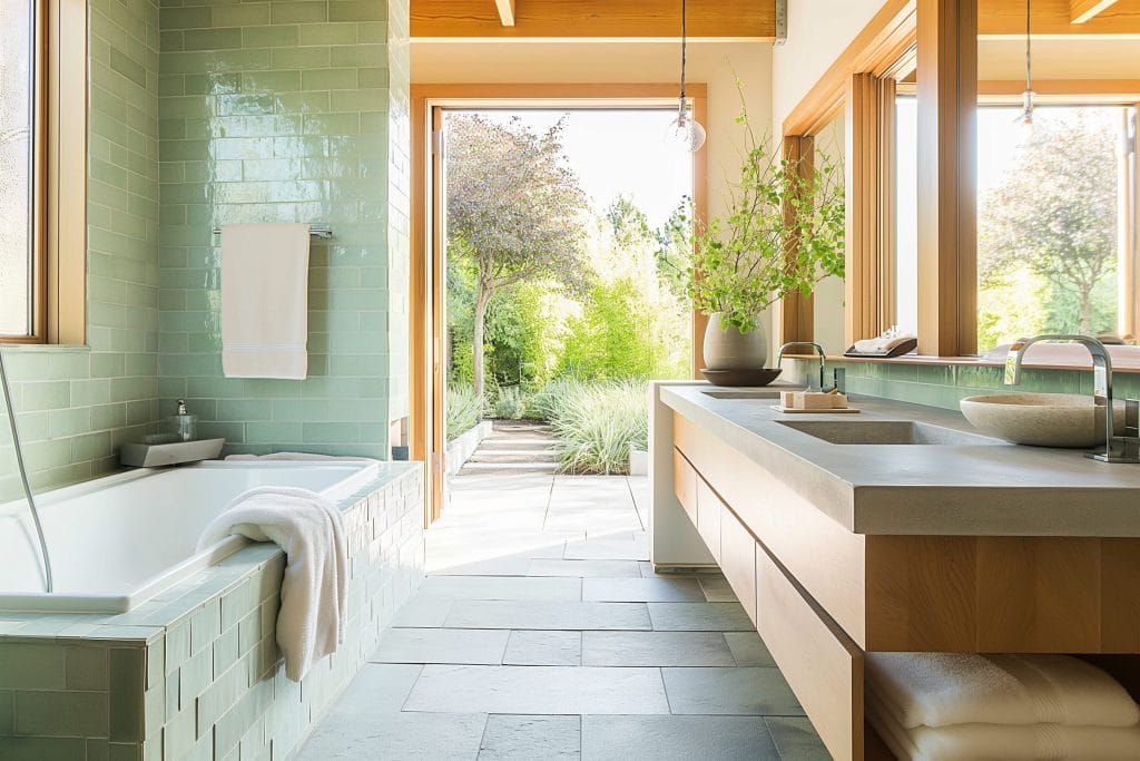 Luxurious master bath layout incorporating natural accents by Decorilla