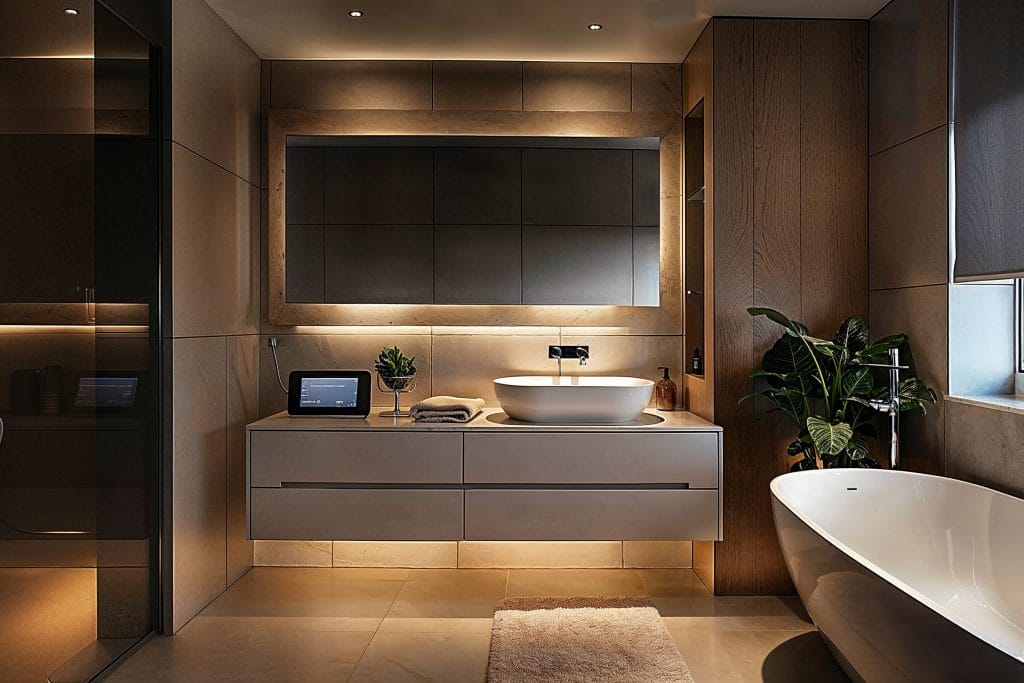 Modern bathroom design with integrated tech by Decorilla