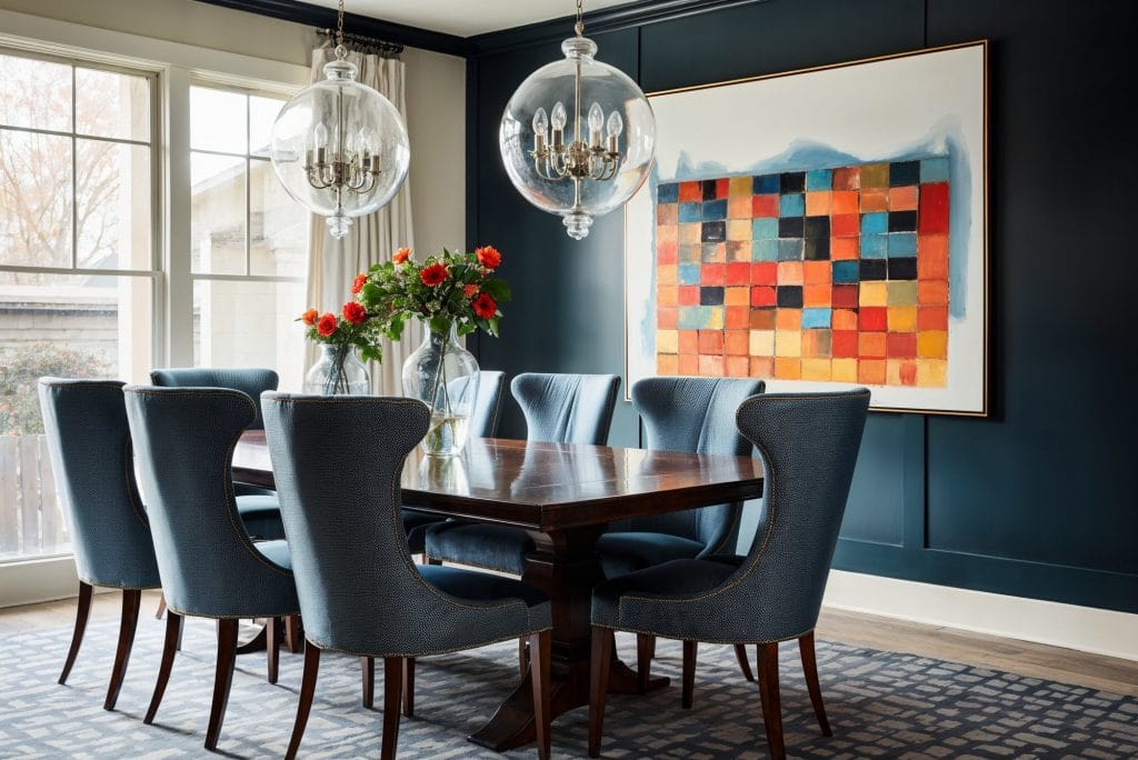 Modern dining area with deep blue dining room color trends 2025 by DECORILLA