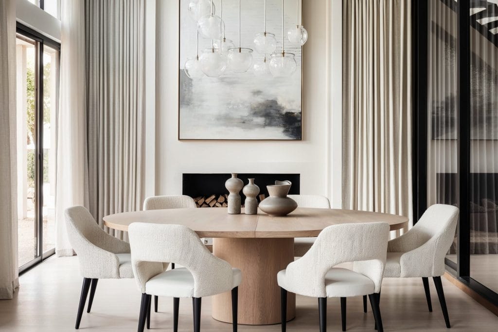 Modern dining room with round trending dining table by DECORILLA