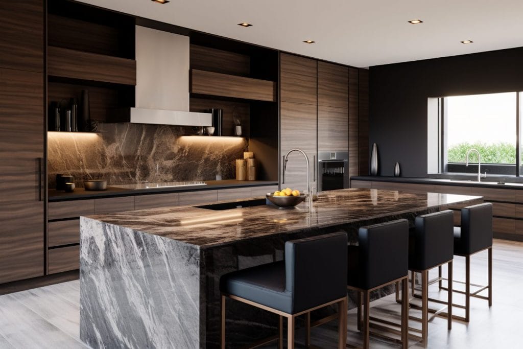 Modern minimalist kitchen with a waterfall countertop by Decorilla