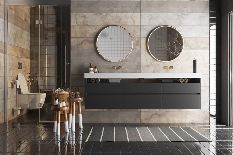 Modern rustic bathroom with earthy tones by DECORILLA designer, Rehan A.