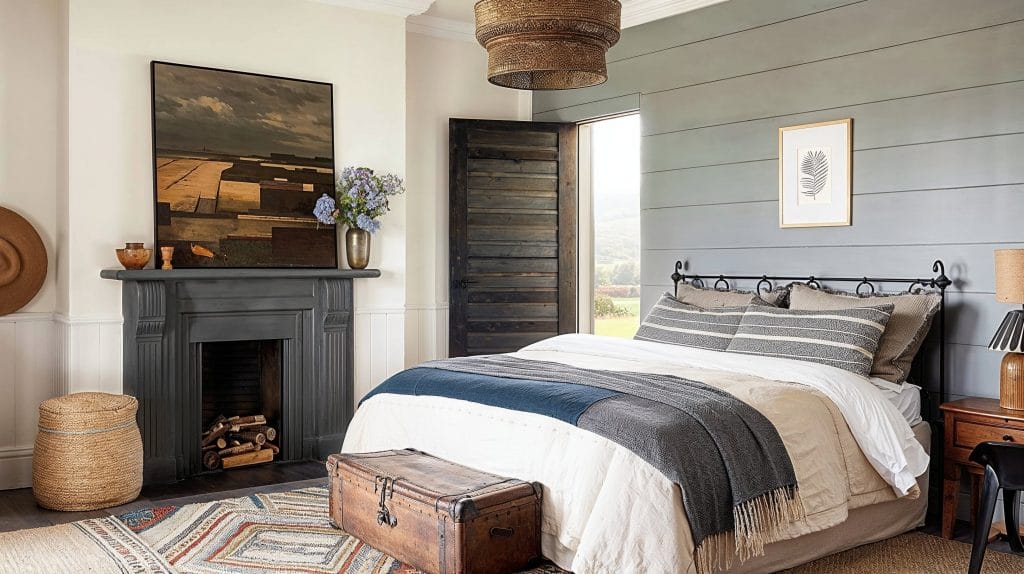 Natural woven lighting in a farmhouse bedroom by Decorilla