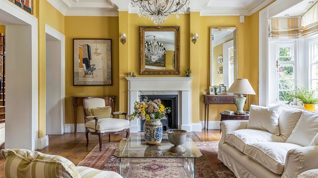 Rich yellow living room paint color for a traditional space by Decorilla