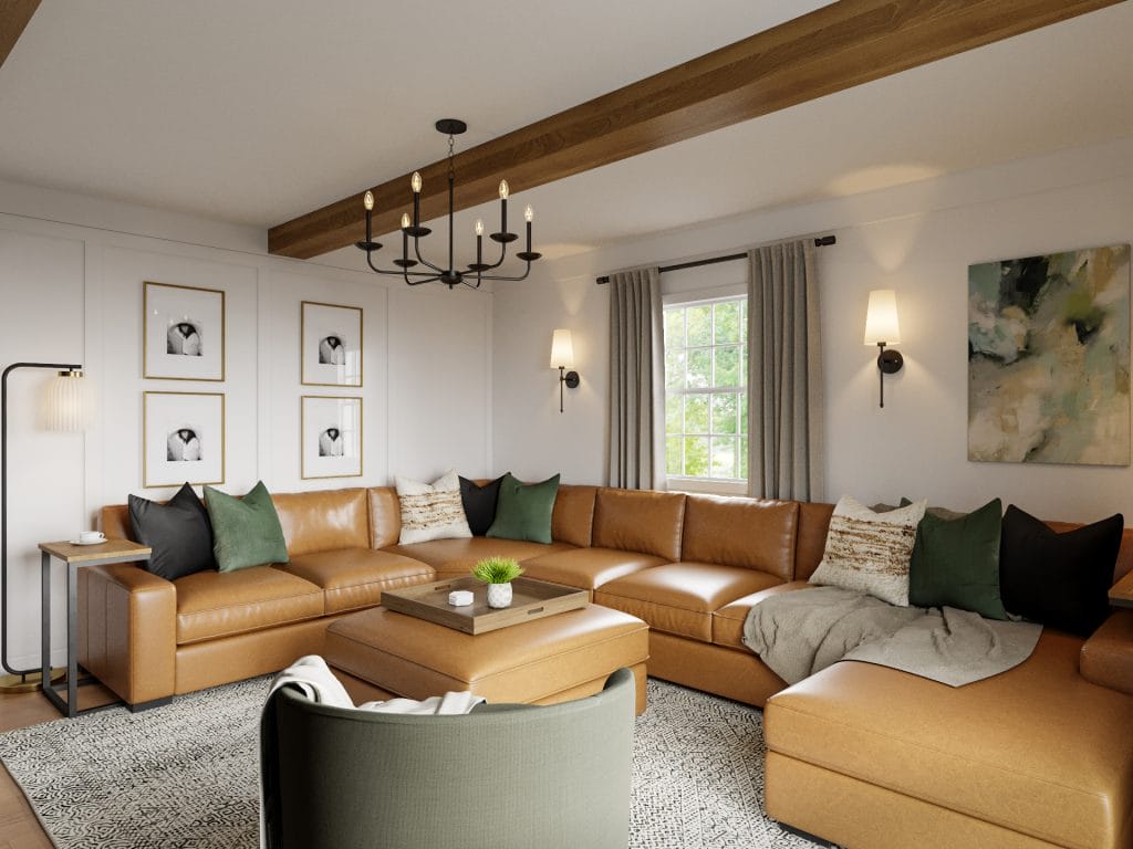 Soft lighting and layered textiles define this relaxed family room by Decorilla