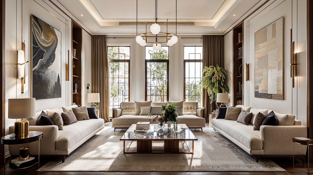 Sophisticated living room featuring trending ceiling lights by Decorilla