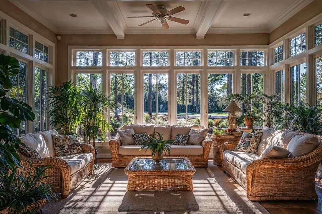 Cozy lounging area in a sunroom interior with soft textiles by Decorilla