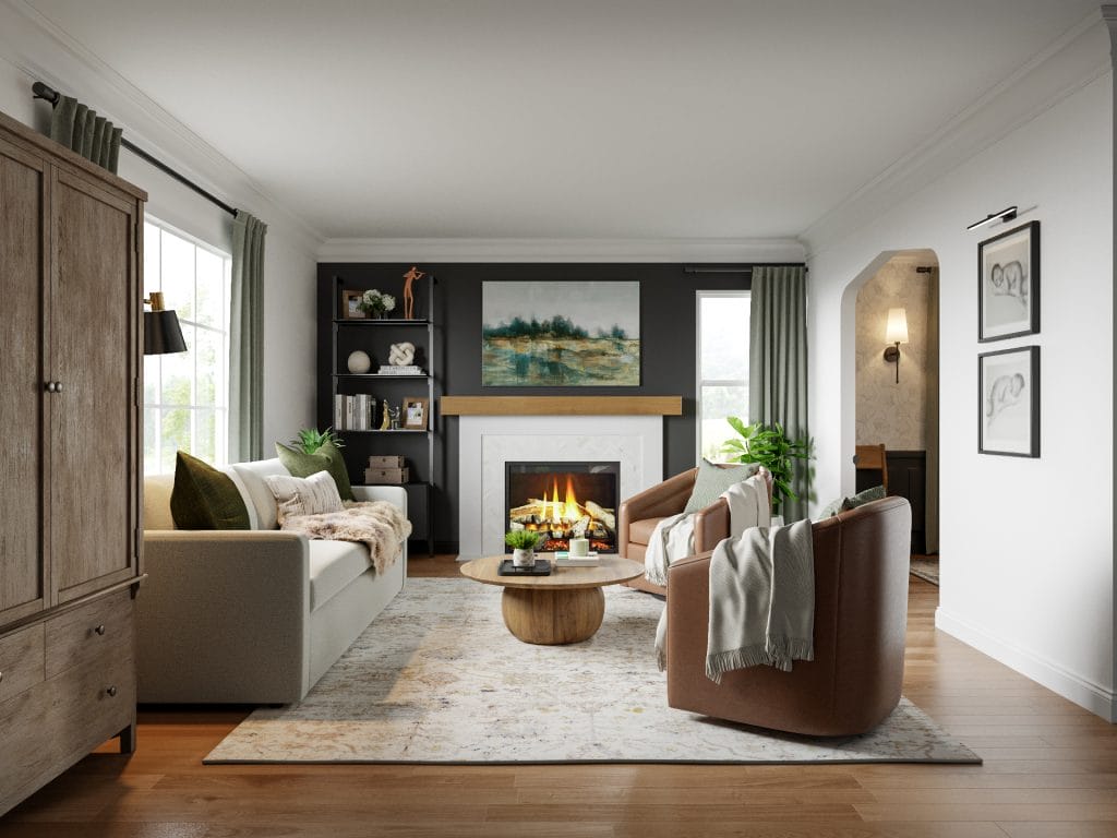 Warm wood accents and sleek furniture create an inviting eclectic transitional style in a living room by Decorilla