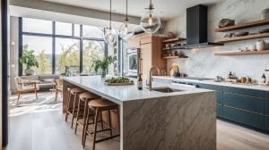 kitchen with waterfall countertops