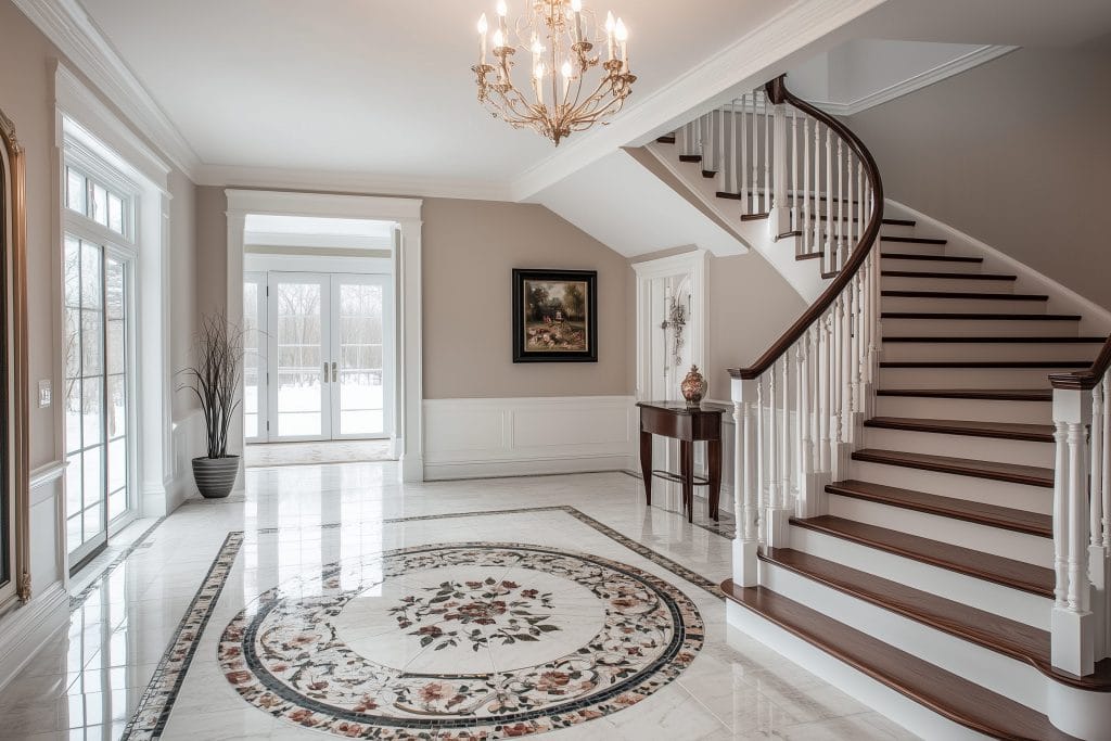 A floral floor centerpiece in an entryway, 2025 wood floor trends by Decorilla