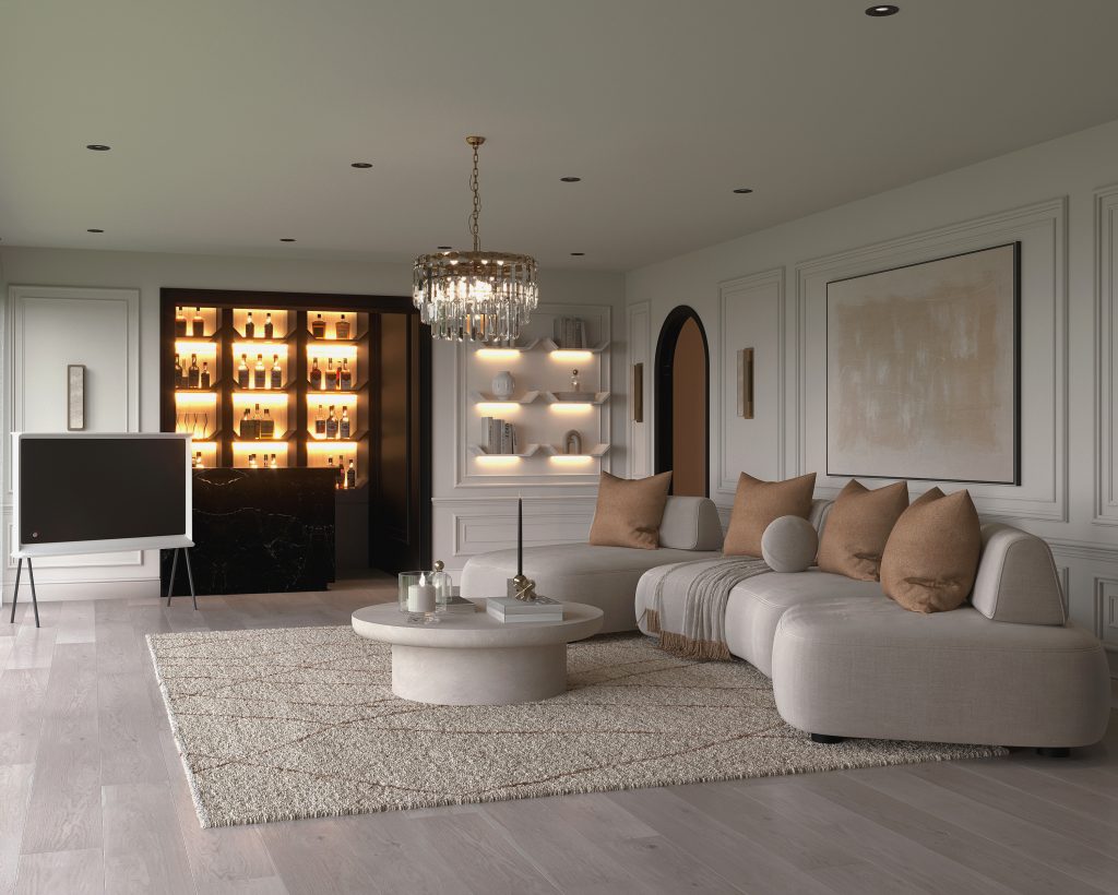 A serene blend of light and dark tones defines this modern classic living room by Decorilla