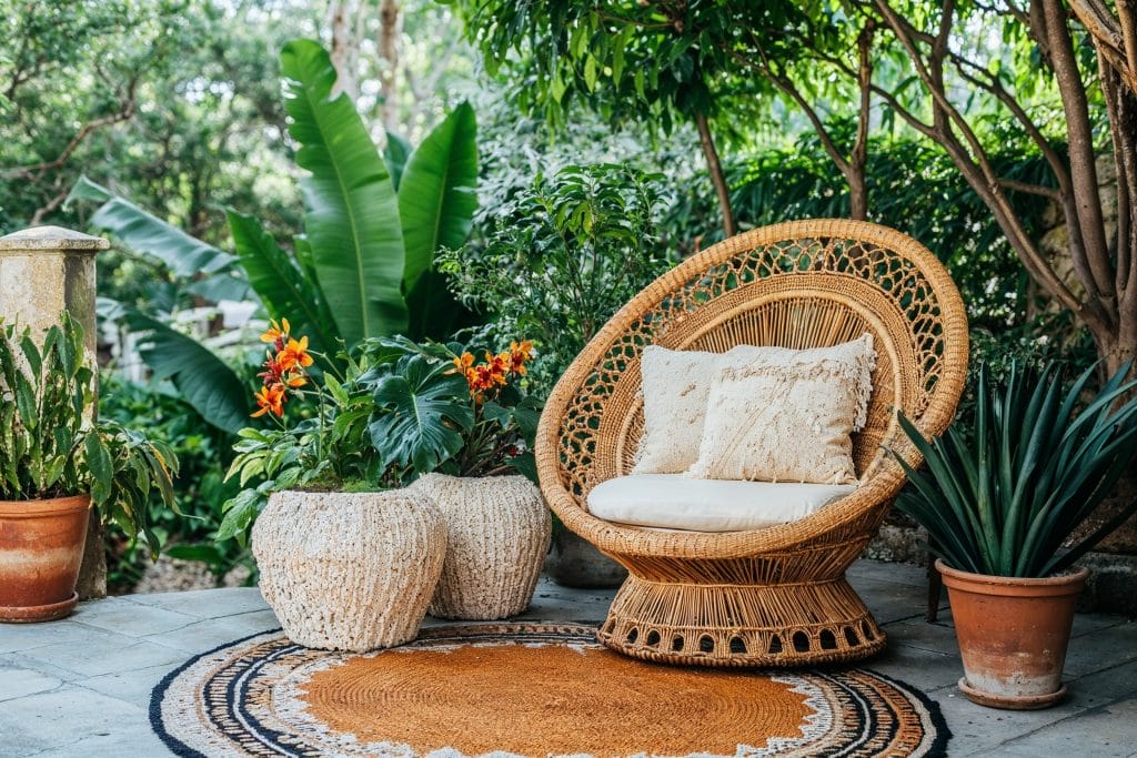 Boho interior design with a Peacock chair, by Decorilla