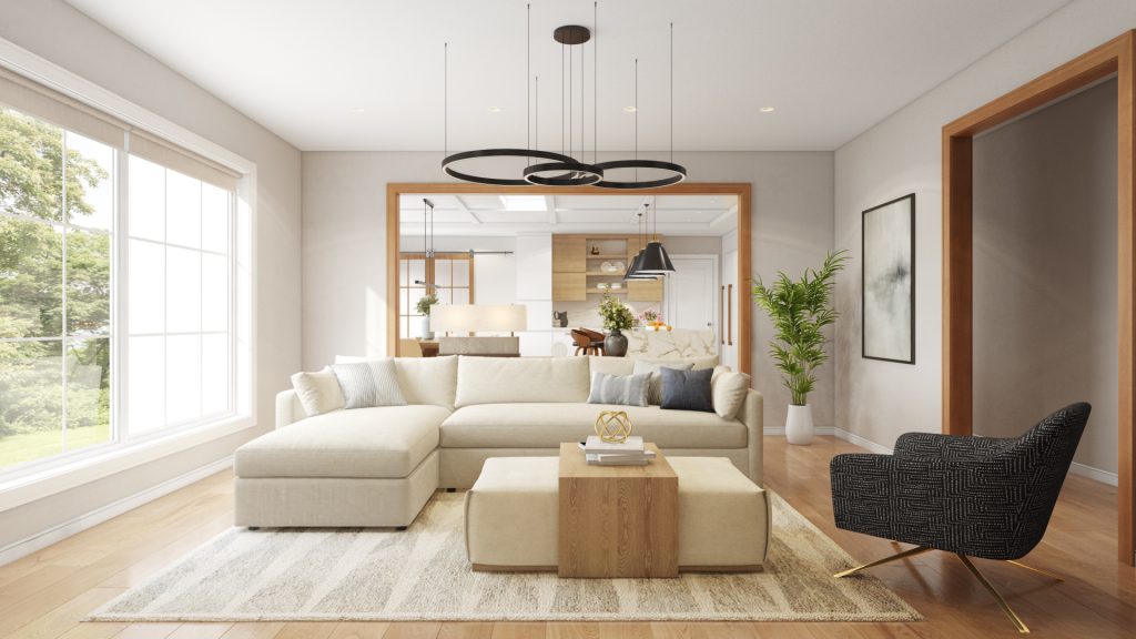 Clean lines and neutral tones define this modern living room by Decorilla