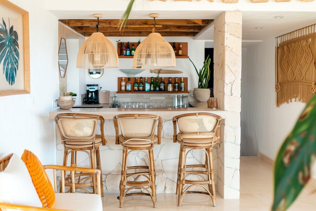 Coastal bohemian interior design of a wet bar by Decorilla