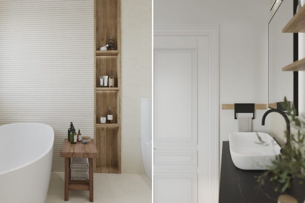 Minimalist bathroom interior decor blending soft wood and white finishes by Decorilla