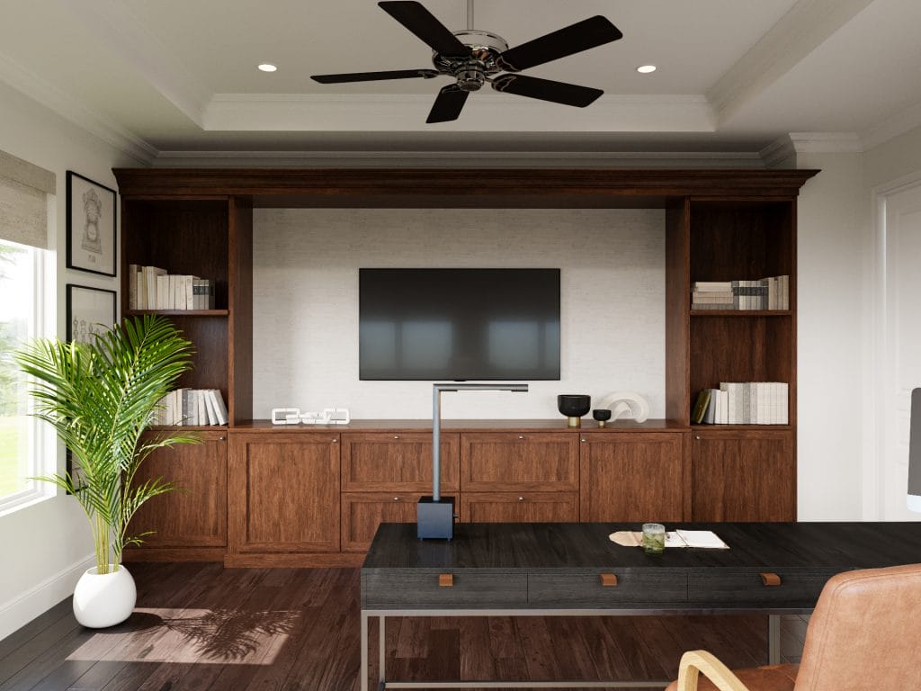 Modern furnishings paired with rich wooden texture in this zen home office by Decorilla