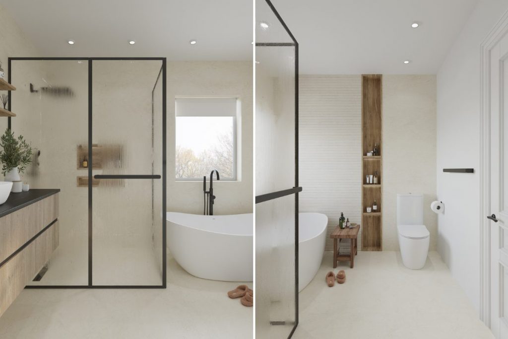 Modern minimalist bathroom design with black accents, by Decorilla