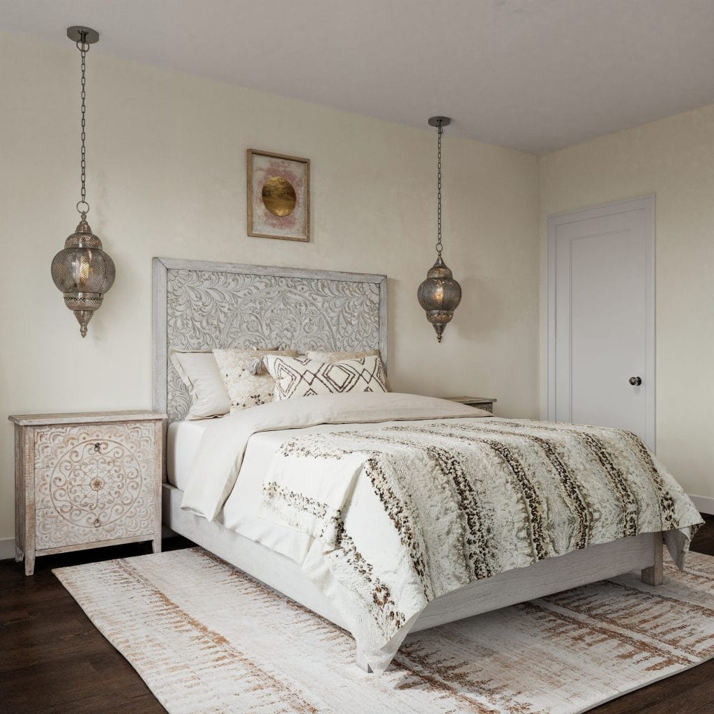 Moroccan lamps in a bohemian bedroom by Decorilla