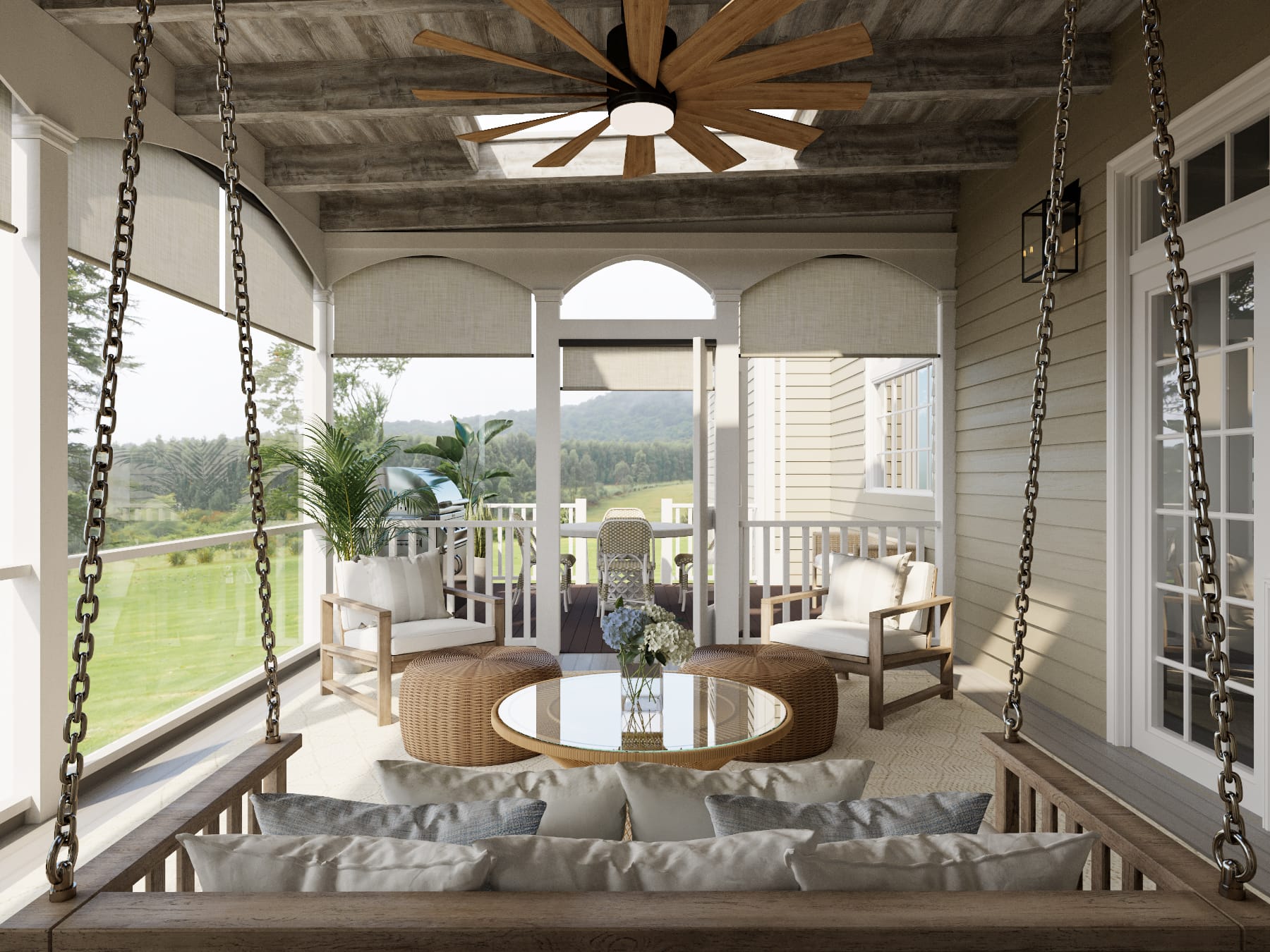 Outdoor seating with a swing by Decorilla designer, Casey H.