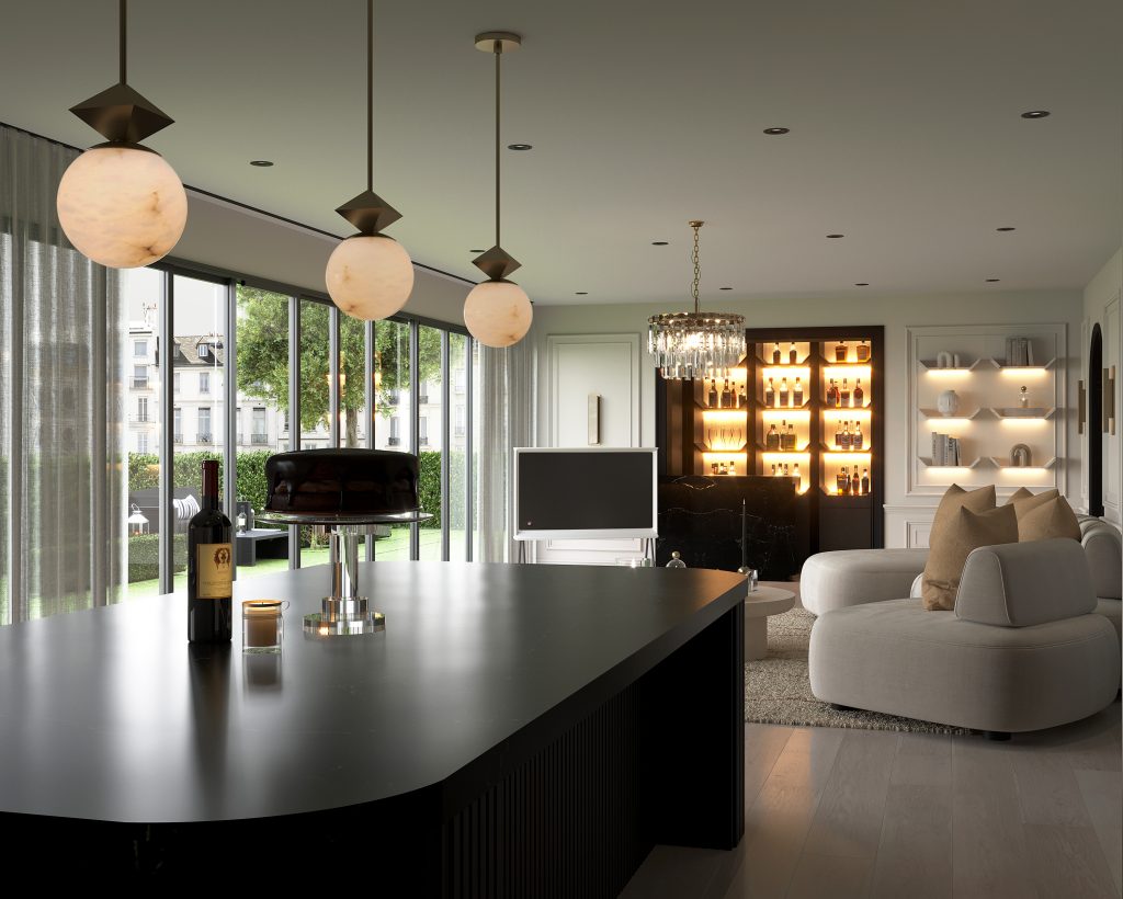 Sleek black cabinetry and warm brass accents in a modern classic kitchen by Decorilla