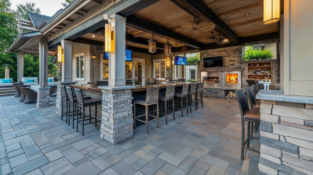 Trending patio furniture adds flair to this chic outdoor kitchen and dining area by Decorilla