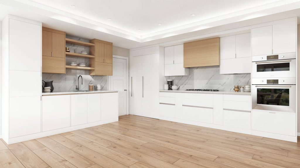 Warm minimalist kitchen with wood and white cabinets by Decorilla