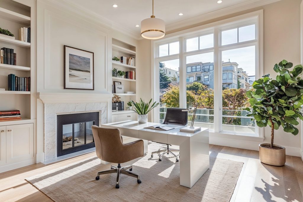 White home office showcases home improvement trends, design by Decorilla